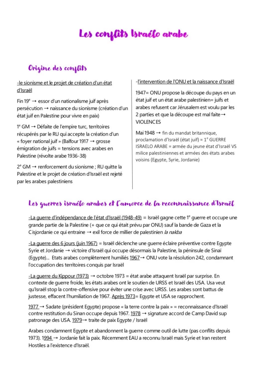 Les conflits Israélo arabe
Origine des conflits
-le sionisme et le projet de création d'un état
d'Israël
Fin 19⁹→ essor d'un nationalisme ju