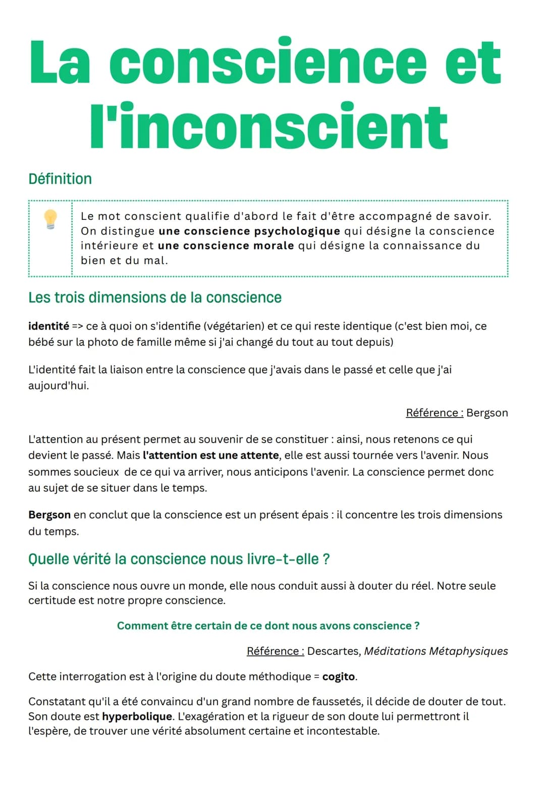 La conscience et
l'inconscient
Définition
Le mot conscient qualifie d'abord le fait d'être accompagné de savoir.
On distingue une conscience