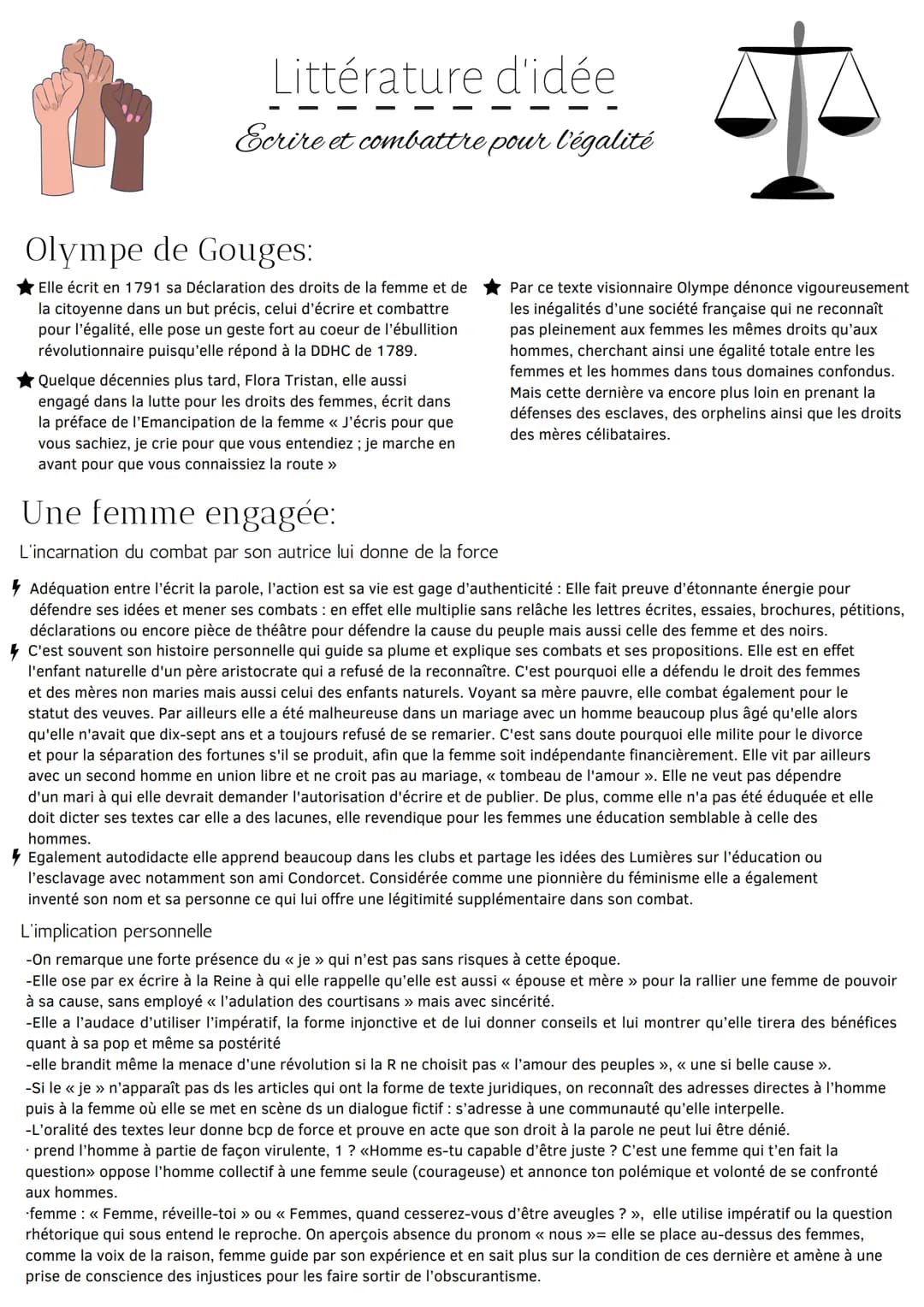 Littérature
d'idée
Ecrire et combattre pour l'égalité
Olympe de Gouges:
Elle écrit en 1791 sa Déclaration des droits de la femme et de
la ci