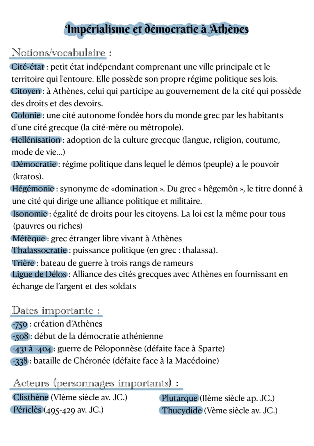 Impérialisme et démocratie à Athènes
Notions/vocabulaire :
Cité-état : petit état indépendant comprenant une ville principale et le
territoi
