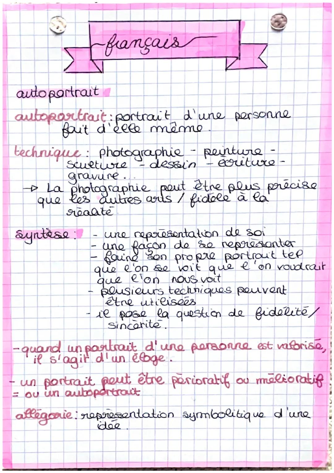 # français

auto portrait

autoportrait: portrait d'une personne
fait d'elle même

technique: photographie - peinture
- Scveture - dessin - 