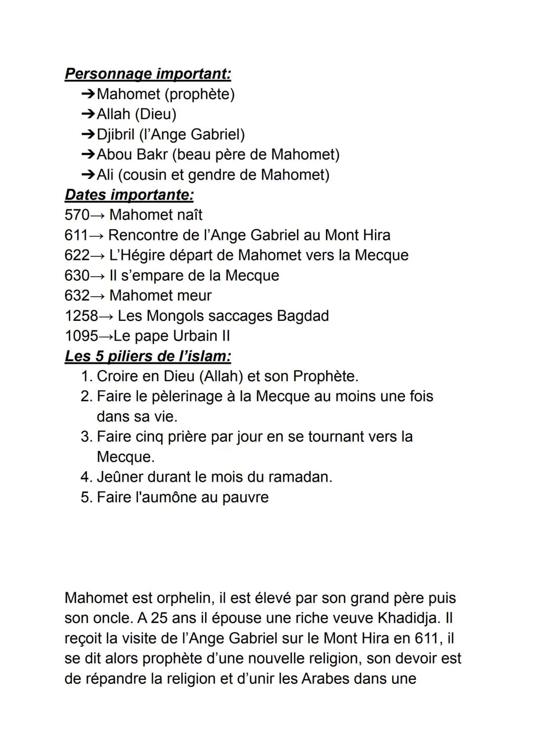 
<p>Mahomet et les personnages importants<br />
Mahomet (prophète)<br />
Allah (Dieu)<br />
Djibril (l'Ange Gabriel)<br />
Abou Bakr (beau-p