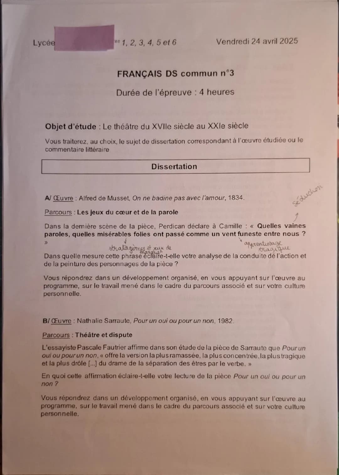 # Bac Blanc de français : le théâtre

11
La parole est puissante et le jeu qui l'entoure dangereux, que plus est lorsque le cœur est un enje