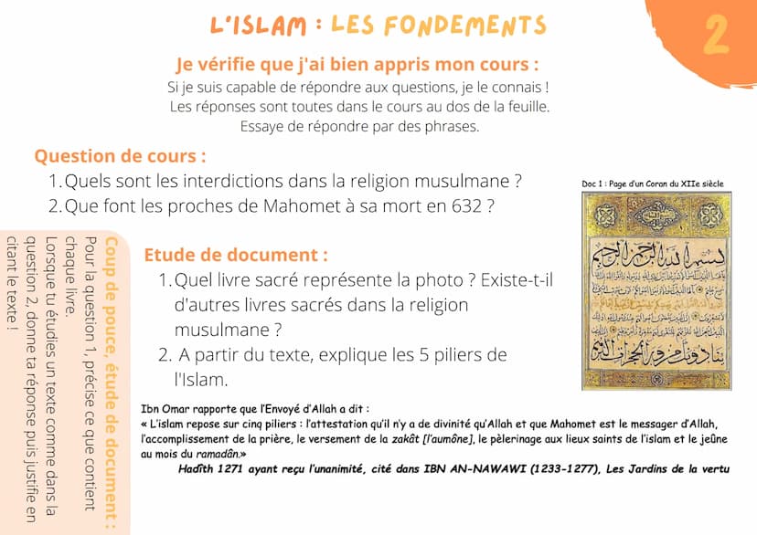 FONDATION
Islam = = une religion
fondée par Mahomet
au 7e siècle
L'ISLAM
dans la péninsule arabique
lieux saint: La Mecque
les croyants : le