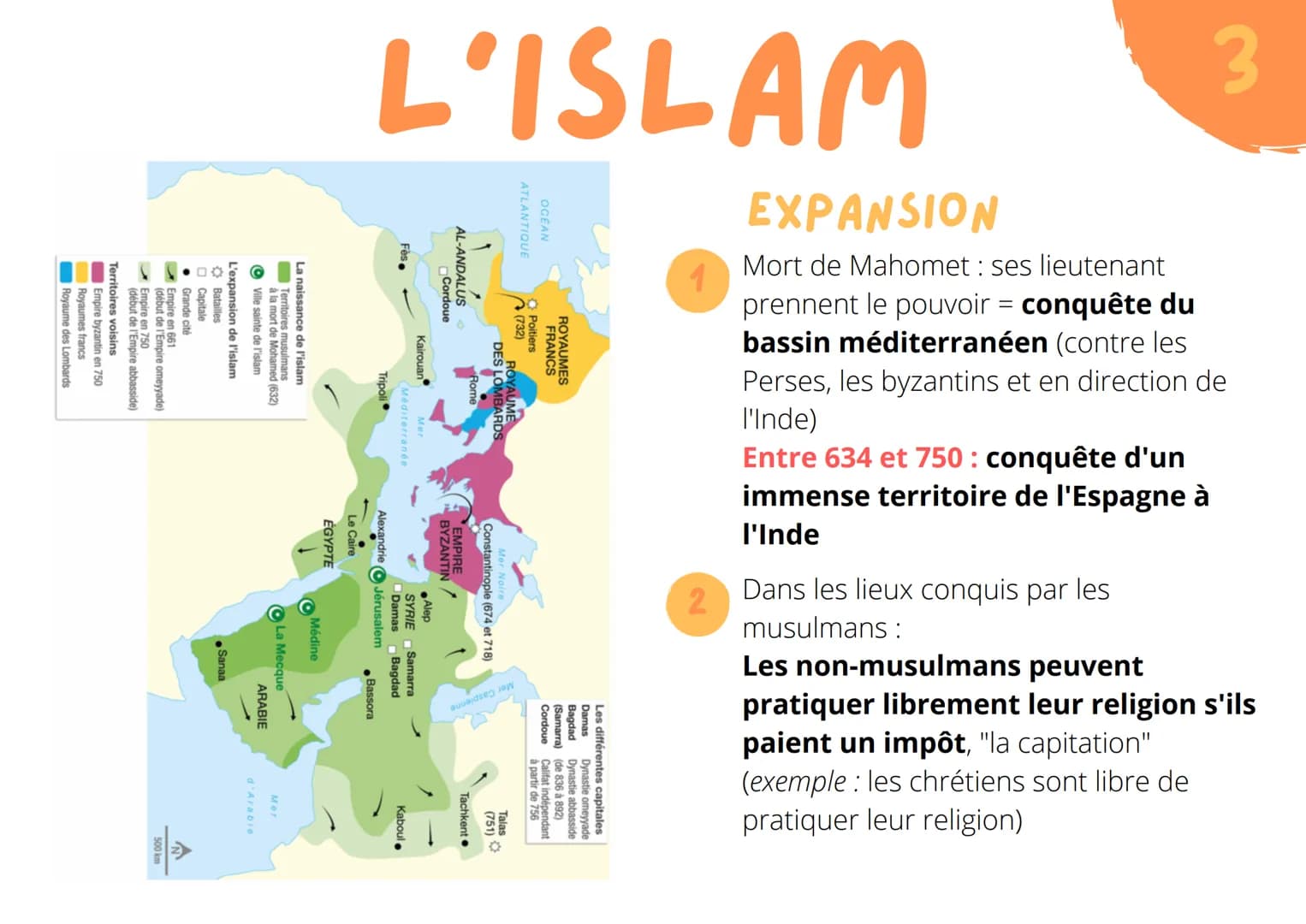FONDATION
Islam = = une religion
fondée par Mahomet
au 7e siècle
L'ISLAM
dans la péninsule arabique
lieux saint: La Mecque
les croyants : le
