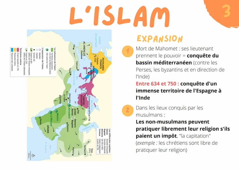 FONDATION
Islam = = une religion
fondée par Mahomet
au 7e siècle
L'ISLAM
dans la péninsule arabique
lieux saint: La Mecque
les croyants : le
