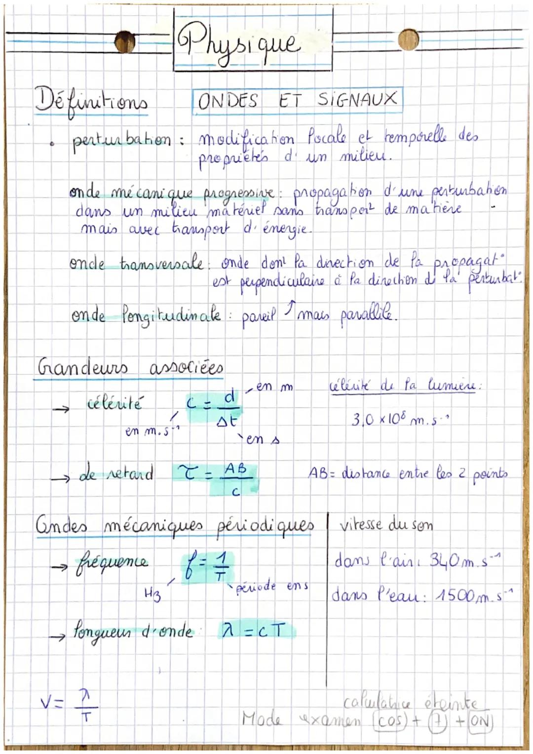 Définitions
ONDES ET SIGNAUX
perturbation : modification locale et temporelle des
preprictes d' un milieu.
0
on de mécanique progressive: pr