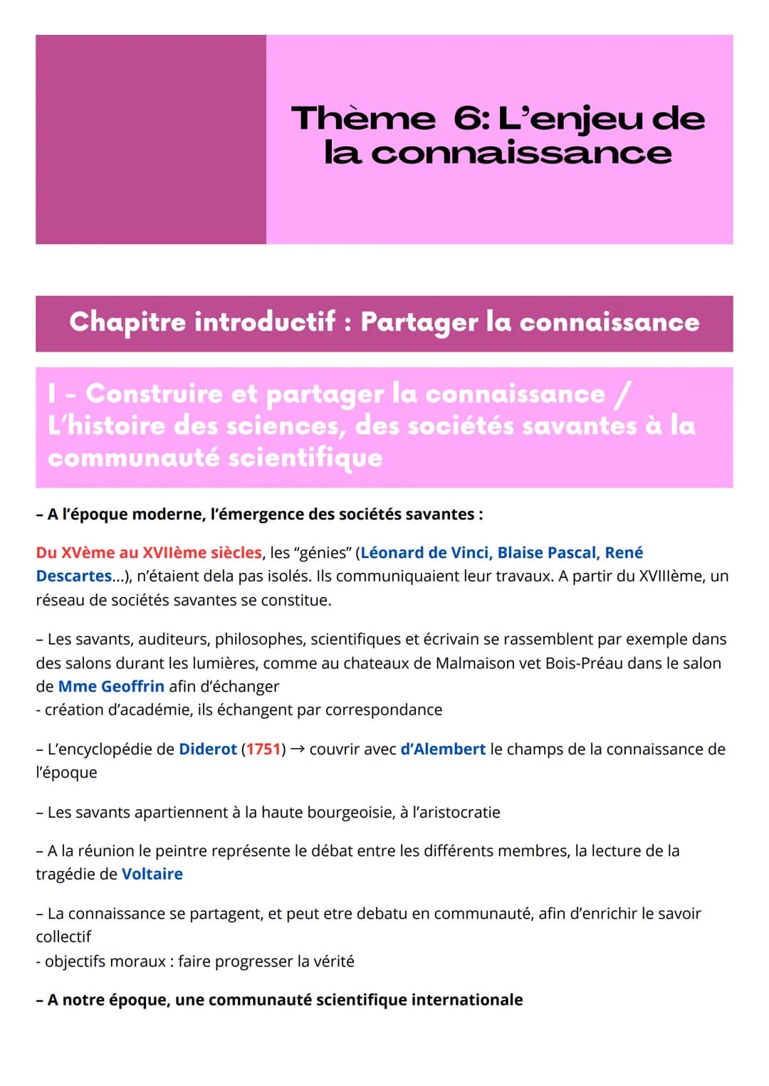Thème 6: L'enjeu de
la connaissance
Chapitre introductif : Partager la connaissance
I - Construire et partager la connaissance /
L'histoire 