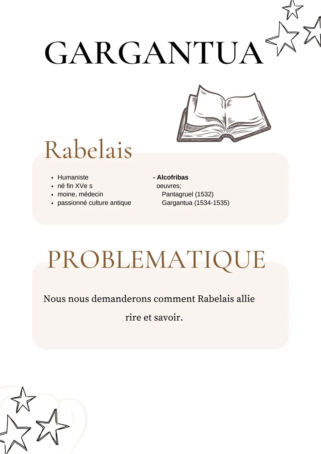 GARGANTUA
Rabelais
Humaniste
• né fin XVe s
.moine, médecin
passionné culture antique
●
WWW.
- Alcofribas
oeuvres;
Pantagruel (1532)
Gargant