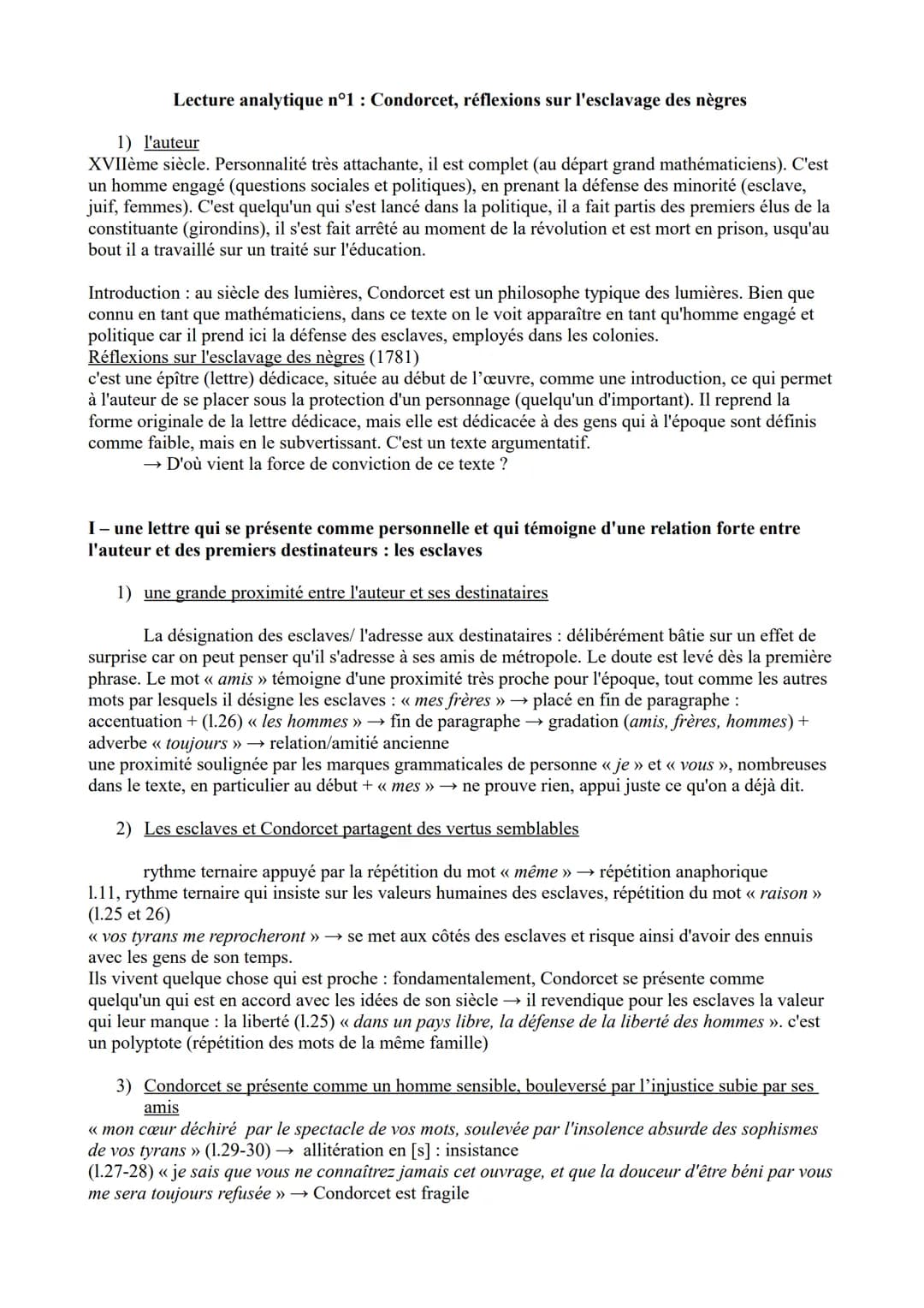 Lecture analytique n°1 : Condorcet, réflexions sur l'esclavage des nègres
1) l'auteur
XVIIème siècle. Personnalité très attachante, il est c