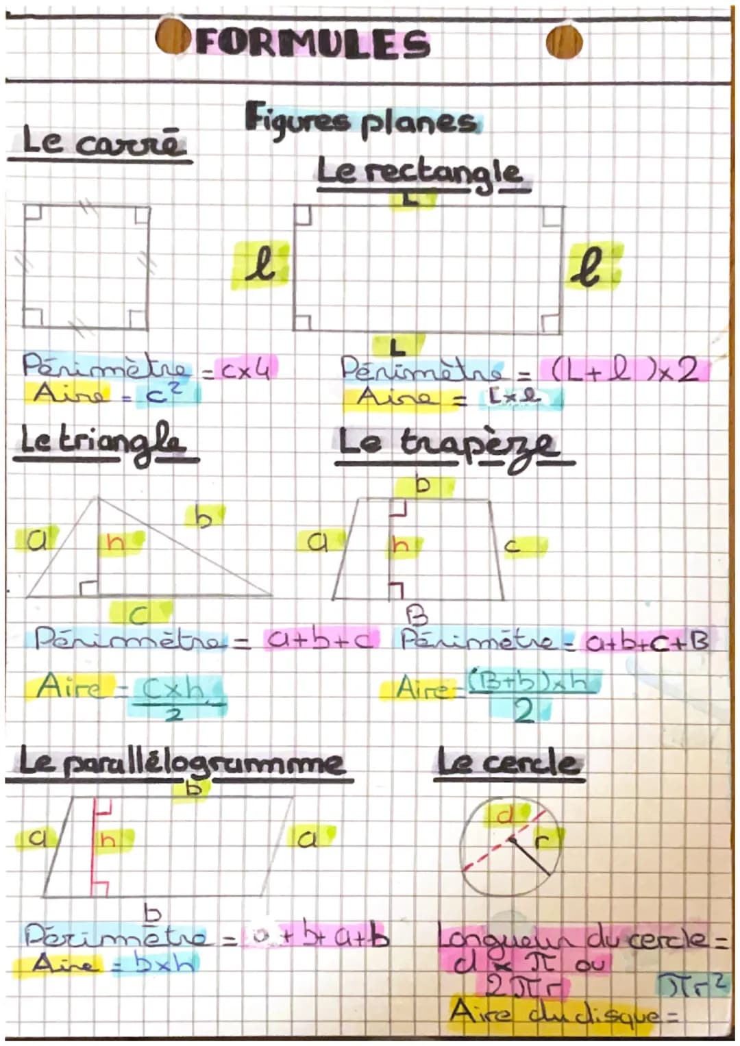 FORMULES
Figures planes
Le carre
Le rectangle
l
Périmètre = cx4
Aire - c²
Le triangle
b
Perimetre = (L+l)x2
Aire = [x
Le trapèze
L
a
h
F
h
C