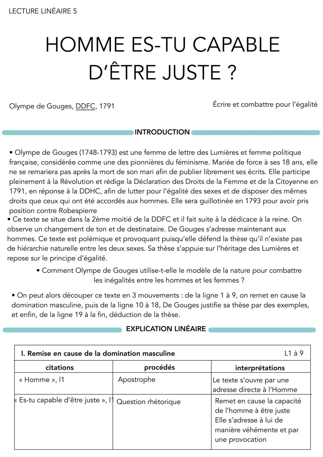 LECTURE LINÉAIRE 5
HOMME ES-TU CAPABLE
D'ÊTRE JUSTE ?
Olympe de Gouges, DDFC, 1791
●
Olympe de Gouges (1748-1793) est une femme de lettre de