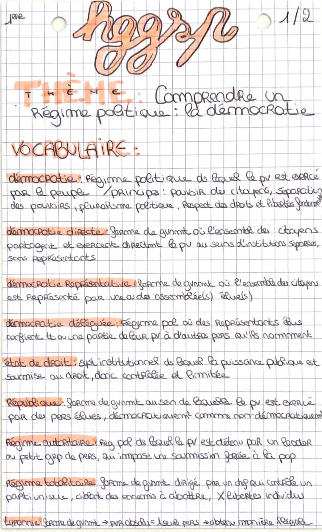 дере
hagsp
1/2
THEME Comprendre untie
Régime politique: la démocratie
VOCABULAIRE:
démocratie Regime politique ds lequel le pv est exerce
& 