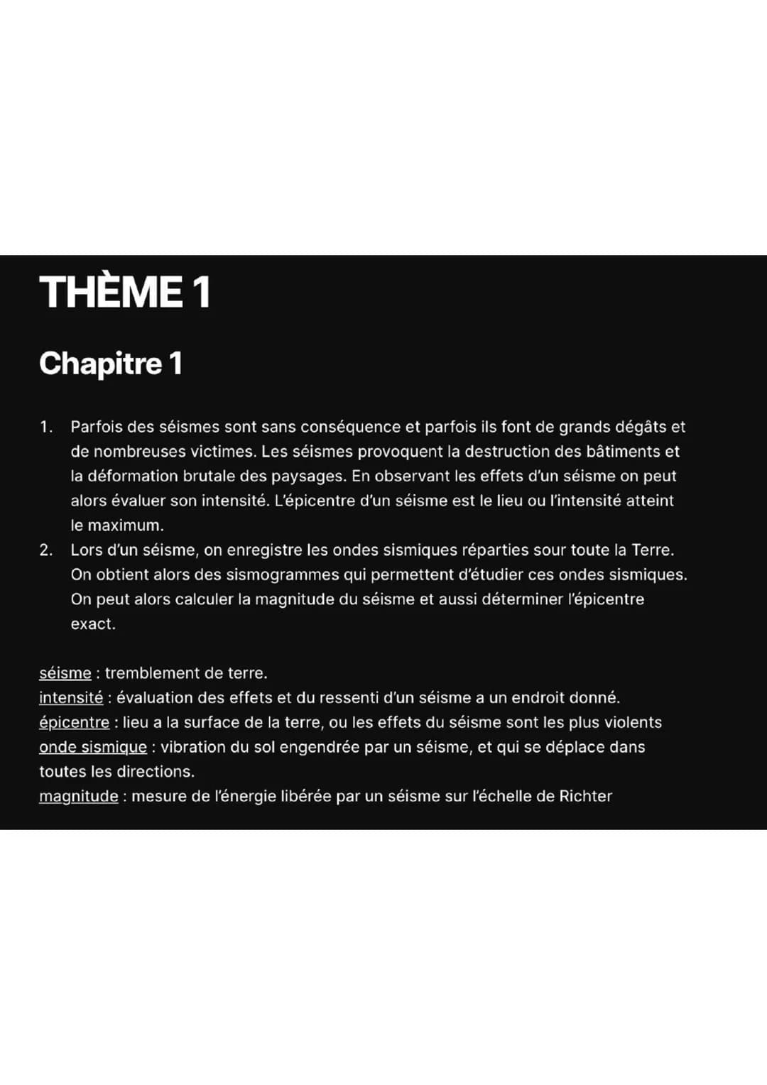 THÈME 1
Chapitre 1
1. Parfois des séismes sont sans conséquence et parfois ils font de grands dégâts et
de nombreuses victimes. Les séismes 