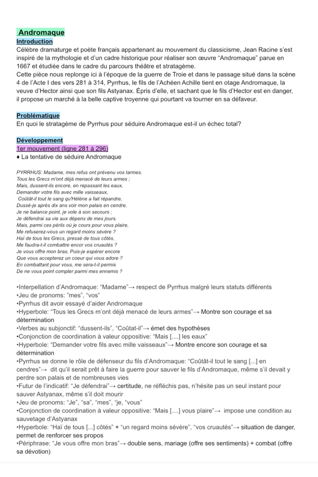Andromaque
Introduction
Célèbre dramaturge et poète français appartenant au mouvement du classicisme, Jean Racine s'est
inspiré de la mythol