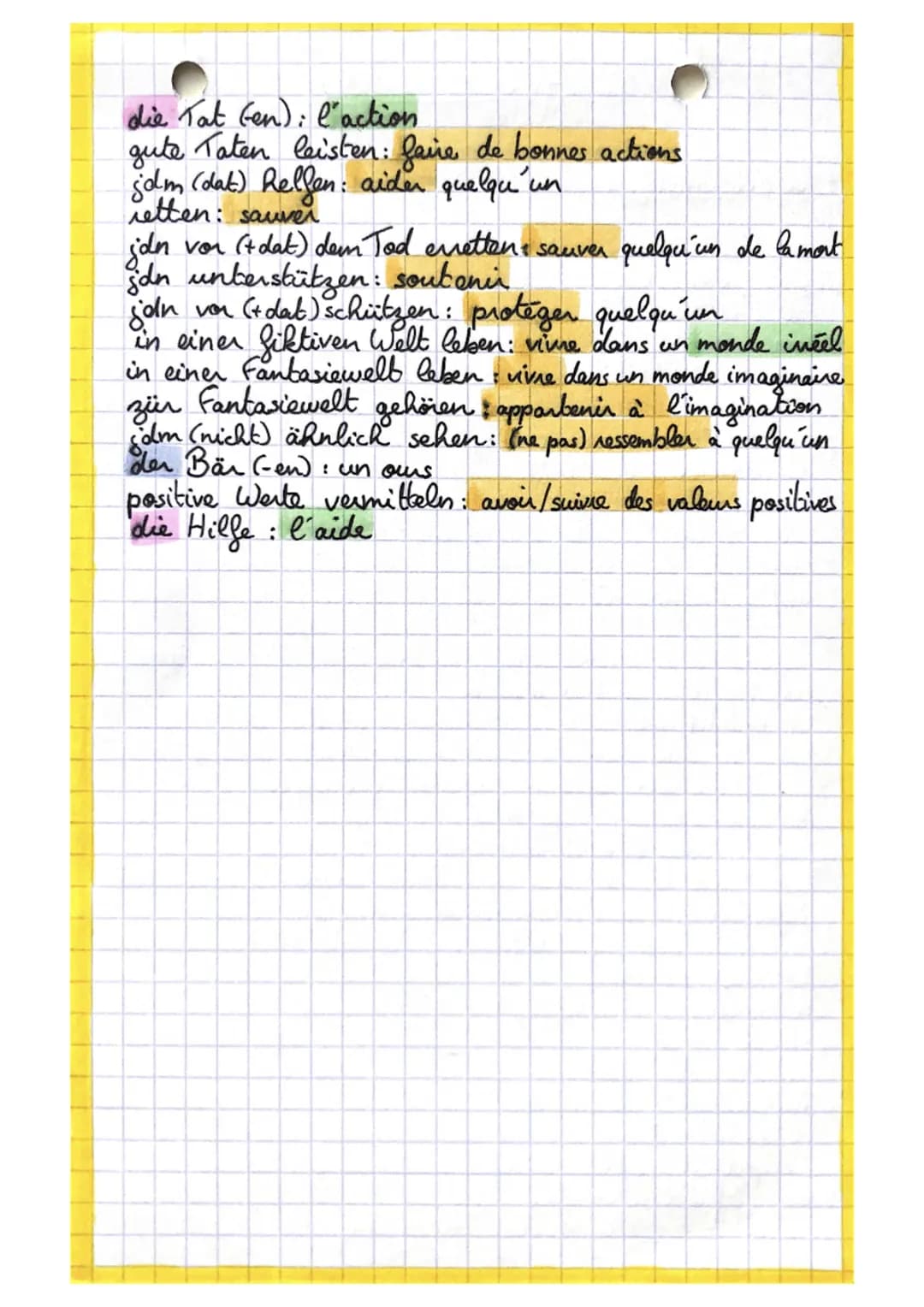 Allemand
• Wortschatz:
der Held (en en): le Renas
die Heldin (-nen): l' Révoine
der Alltagsheld (en; en): le Reras du quotidien
einen Um Ran