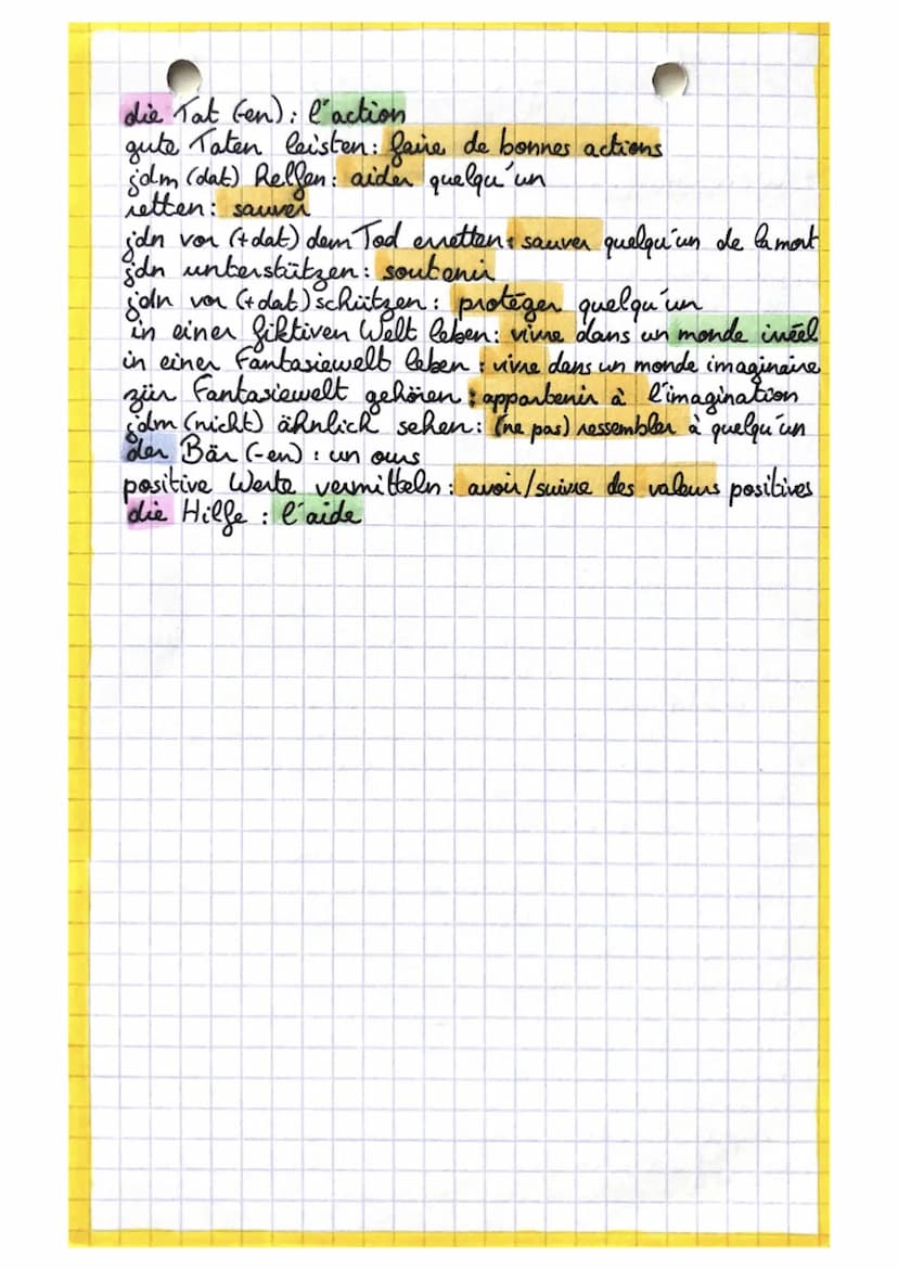 Allemand
• Wortschatz:
der Held (en en): le Renas
die Heldin (-nen): l' Révoine
der Alltagsheld (en; en): le Reras du quotidien
einen Um Ran