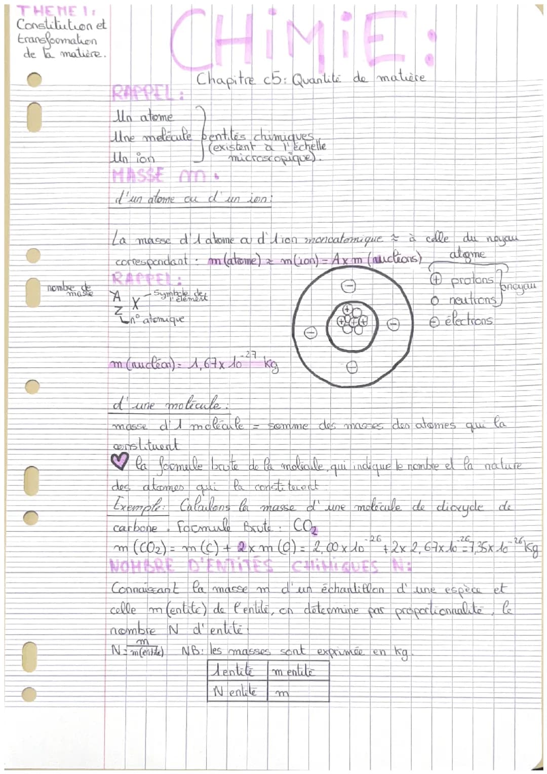 Chimie: quantité de matière/ la constitution et transformation de la matière 