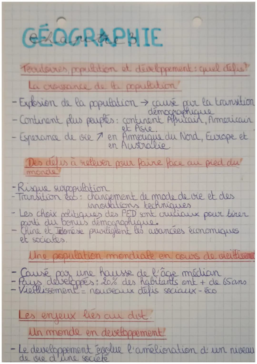 GEOGRAPHIE
Territoires, population et développement: quel défis?
La croissance de la population
-Explosion de la population → causé par la t