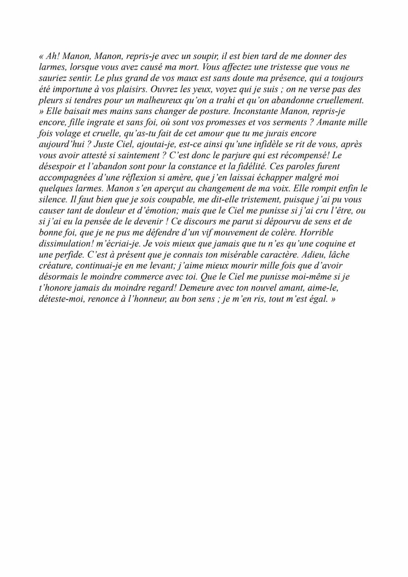 Les Plaintes d'un Amant
Introduction : L'extrait que vous m'avez
demandé d'analyser est tiré du roman-
mémoires Manon Lescaut de l'abbé
Prév