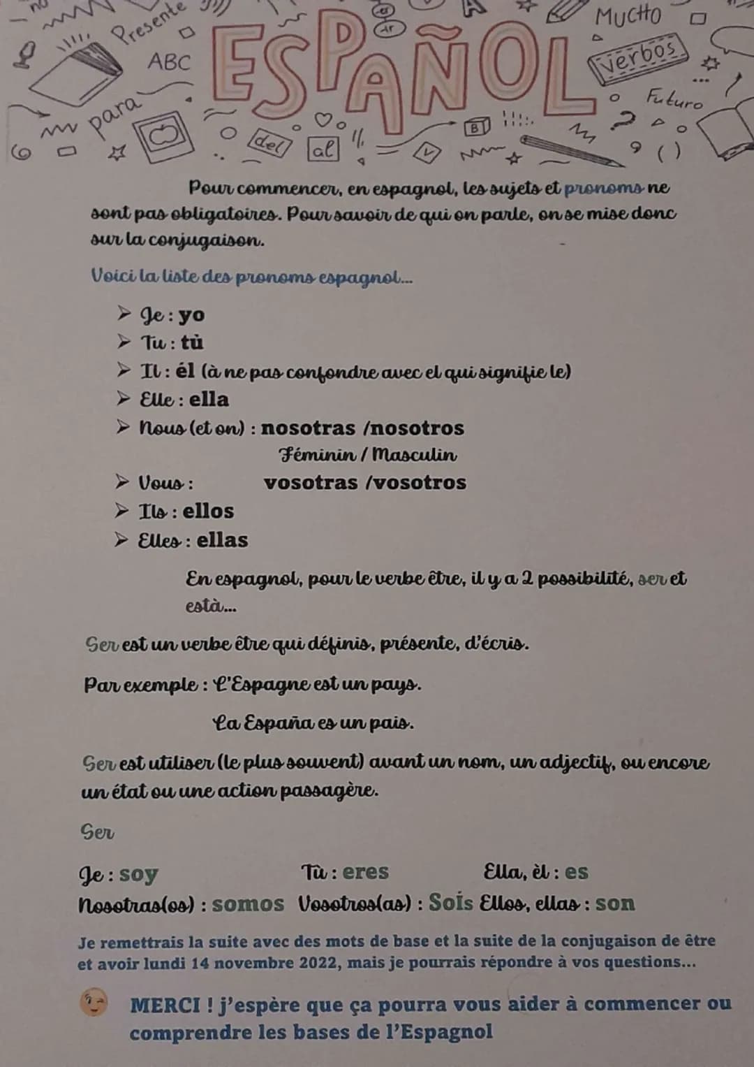 no
S
Presente
ABC
ESPAÑOL
Pour commencer, en espagnol, les sujets et pronoms ne
sont pas obligatoires. Pour savoir de qui on parle, on se mi