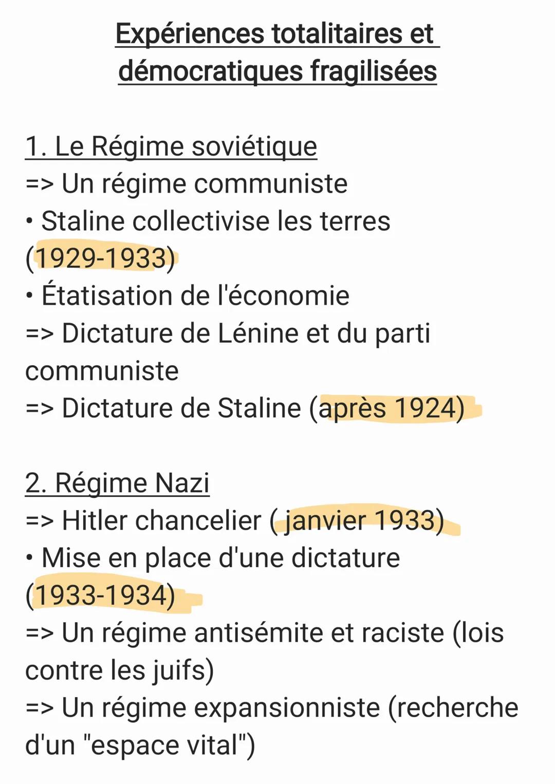# Expériences totalitaires et
démocratiques fragilisées

1. Le Régime soviétique
=> Un régime communiste
*   Staline collectivise les terres