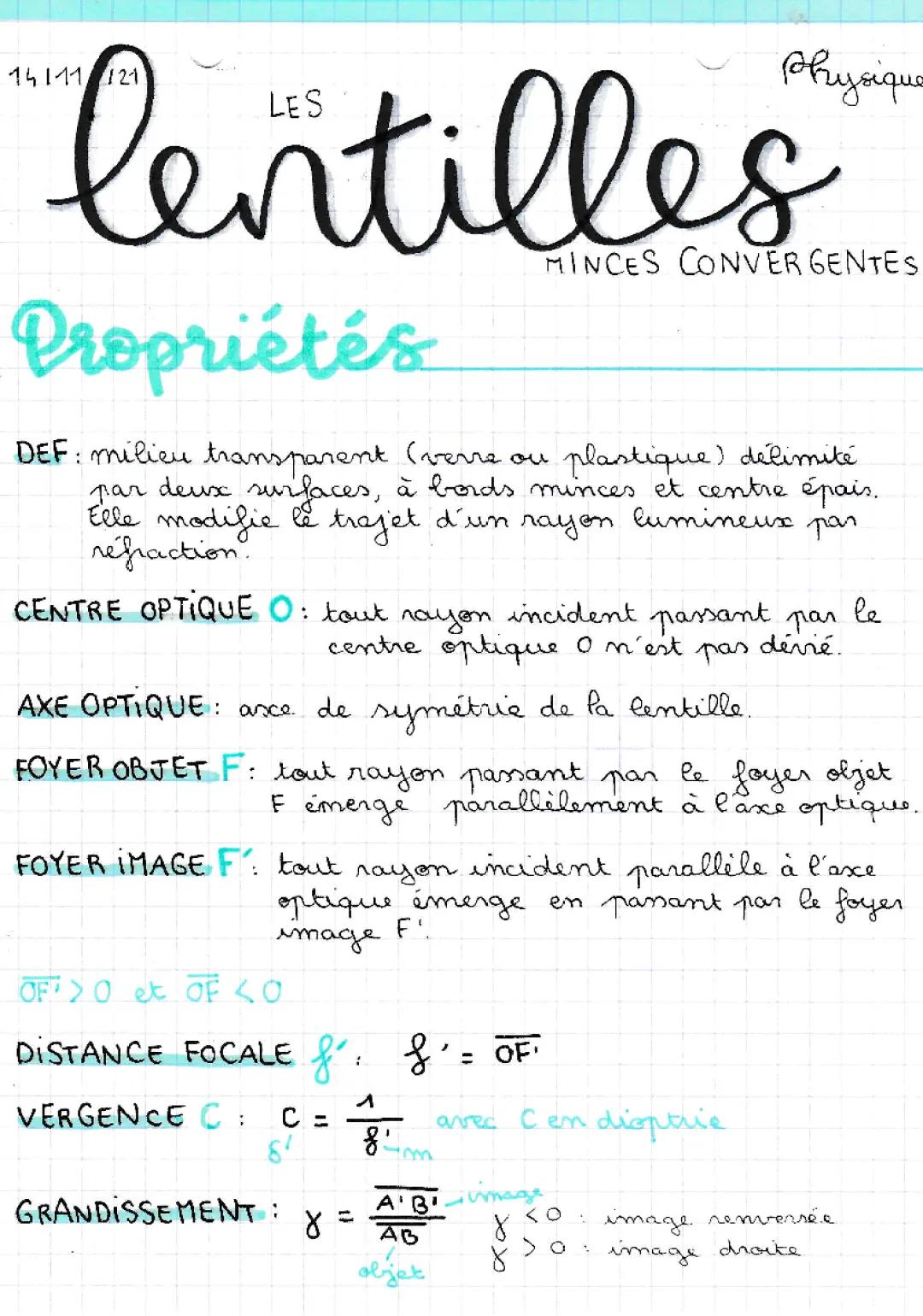 Les lentilles convergentes et divergentes : Exercices corrigés et schémas pour les lentilles minces