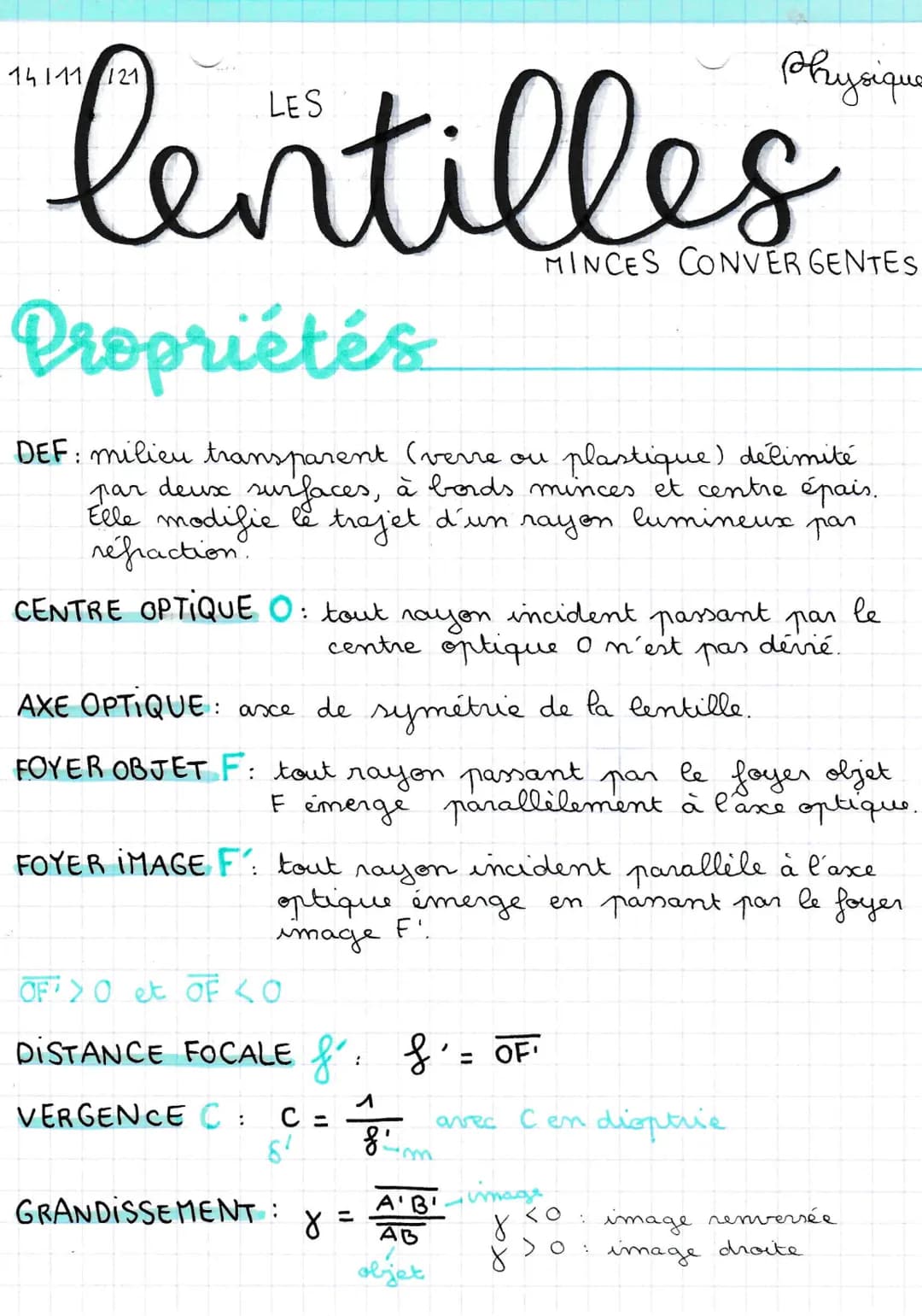 lentilles
CENTRE OPTIQUE 0: tout
Propriétés
DEF: milieu transparent (verre ou plastique) délimité
par deux surfaces, à bords minces et centr