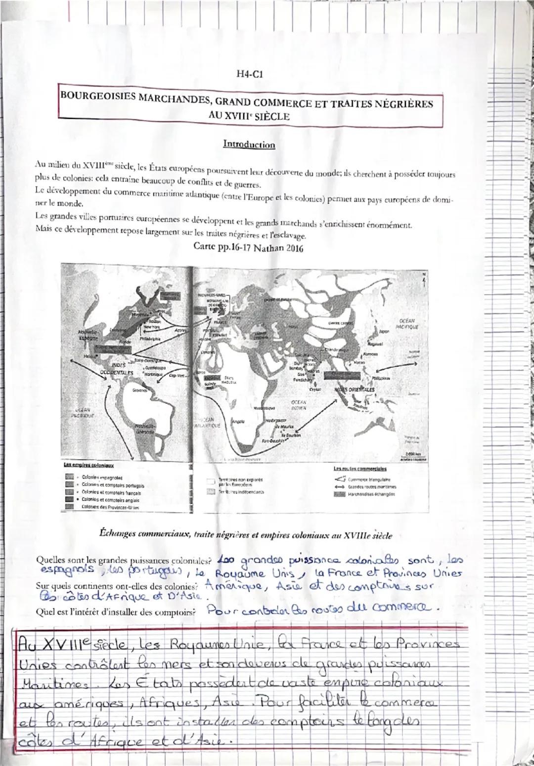 H4-C1
BOURGEOISIES MARCHANDES, GRAND COMMERCE ET TRAITES NÉGRIÈRES
AU XVIII SIÈCLE
Introduction
Au milieu du XVIIIe siècle, les États europé