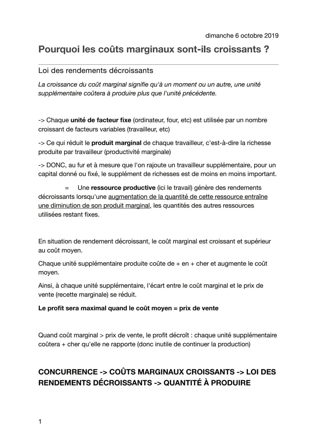 dimanche 6 octobre 2019
Pourquoi les coûts marginaux sont-ils croissants ?
Loi des rendements décroissants
La croissance du coût marginal si