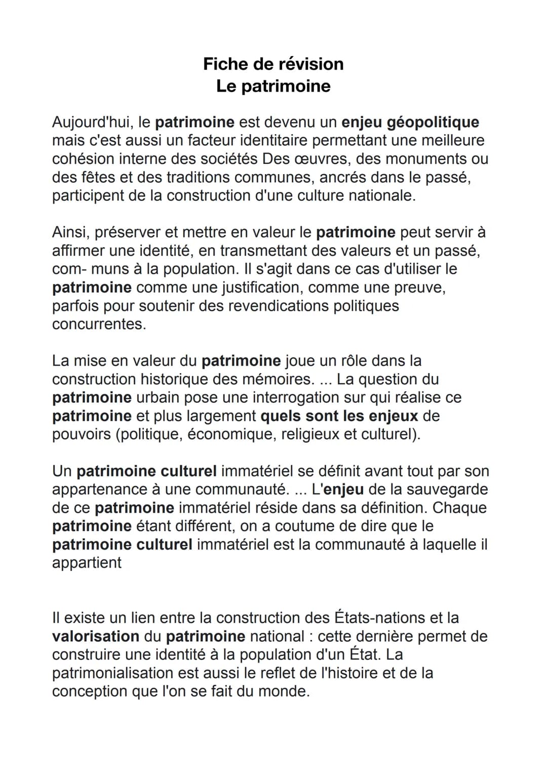 Fiche de révision
Le patrimoine
Aujourd'hui, le patrimoine est devenu un enjeu géopolitique
mais c'est aussi un facteur identitaire permetta