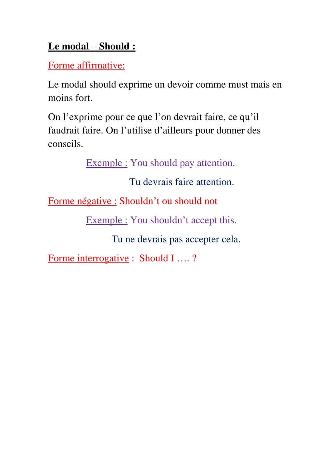 Le modal-Should :
Forme affirmative:
Le modal should exprime un devoir comme must mais en
moins fort.
On l'exprime pour ce que l'on devrait 