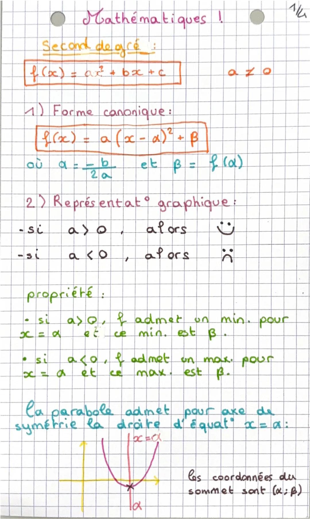 --- OCR Start ---
Mathématiques !
Second de agré
f(x) = a² + bx + c
1) Forme canonique:
f(x) = a (x - x)² + β
óu α = -b/2a
et β = f(a)
2) Re