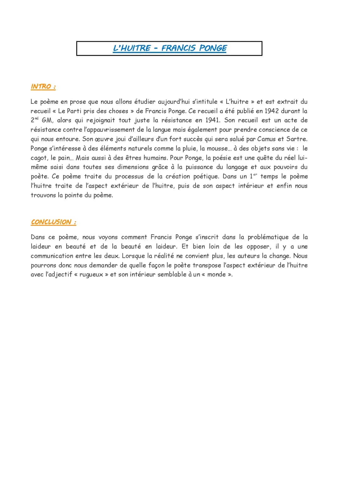 L'huître Francis Ponge Analyse Linéaire PDF - Résumé et Introduction