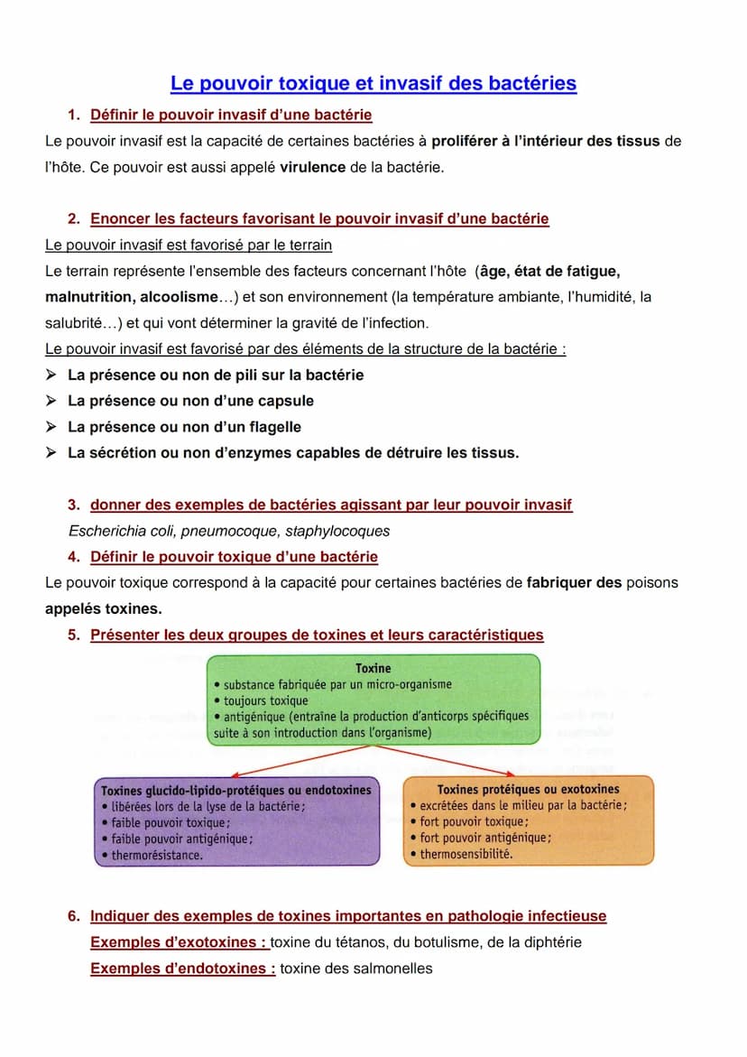 BILAN : LE POUVOIR PATHOGENE DES BACTERIES
Objectif général :
Être capable d'indiquer les différents facteurs du pouvoir pathogène responsab