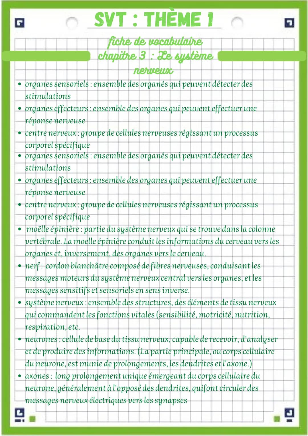 G
●
• organes effecteurs : ensemble des organes qui peuvent effectuer une
réponse nerveuse
• centre nerveux : groupe de cellules nerveuses r