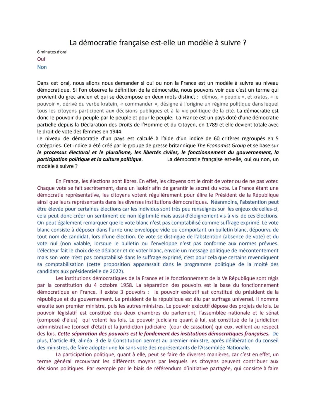 6 minutes d'oral
Oui
Non
La démocratie française est-elle un modèle à suivre ?
Dans cet oral, nous allons nous demander si oui ou non la Fra