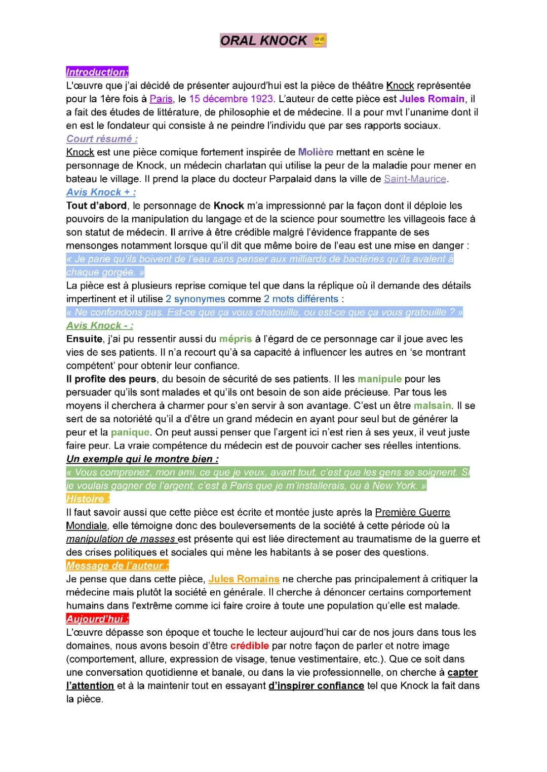 Résumé et Analyse de Knock par Jules Romains - PDF Inclus