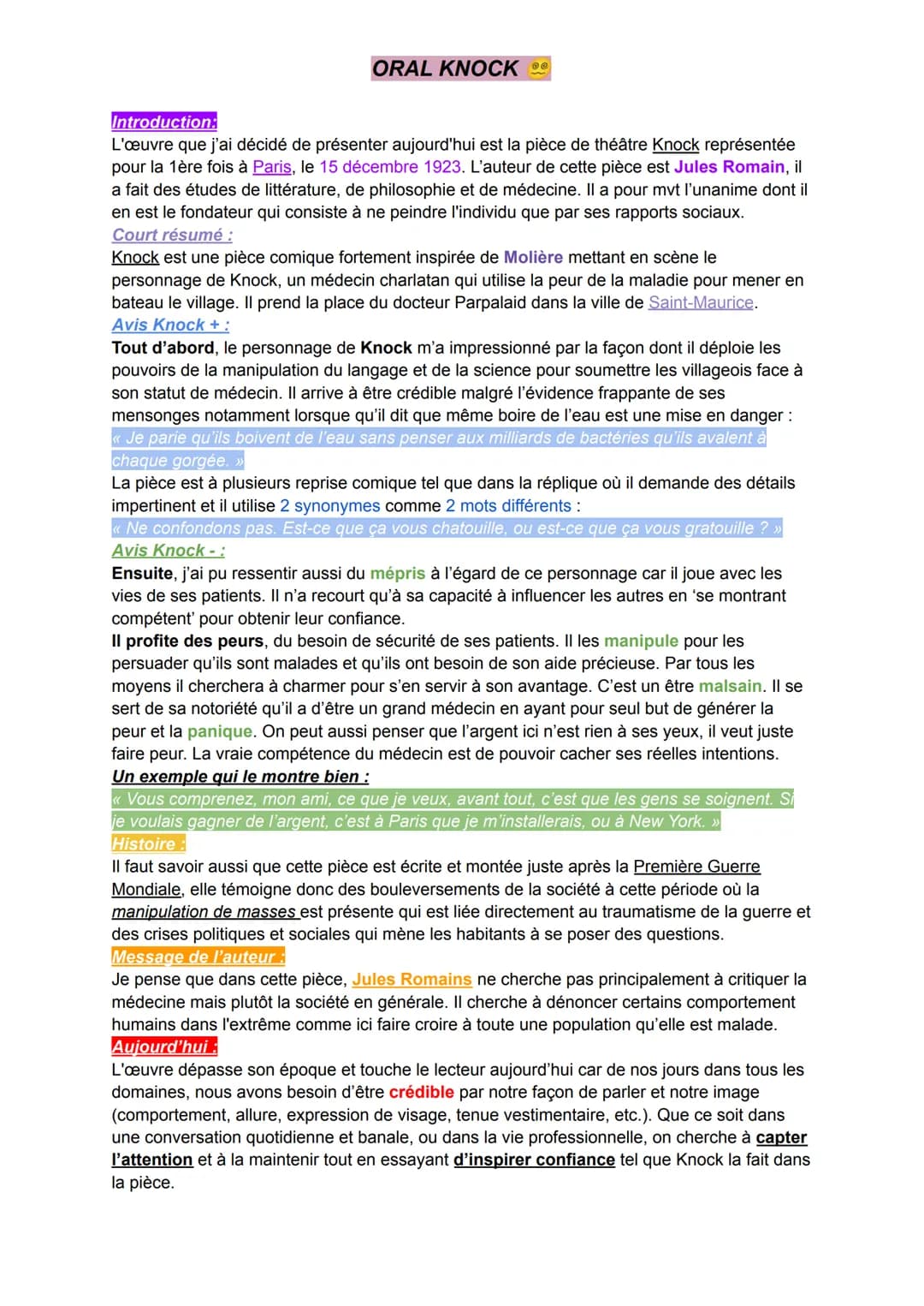 ORAL KNOCK
Introduction:
L'œuvre que j'ai décidé de présenter aujourd'hui est la pièce de théâtre Knock représentée
pour la 1ère fois à Pari