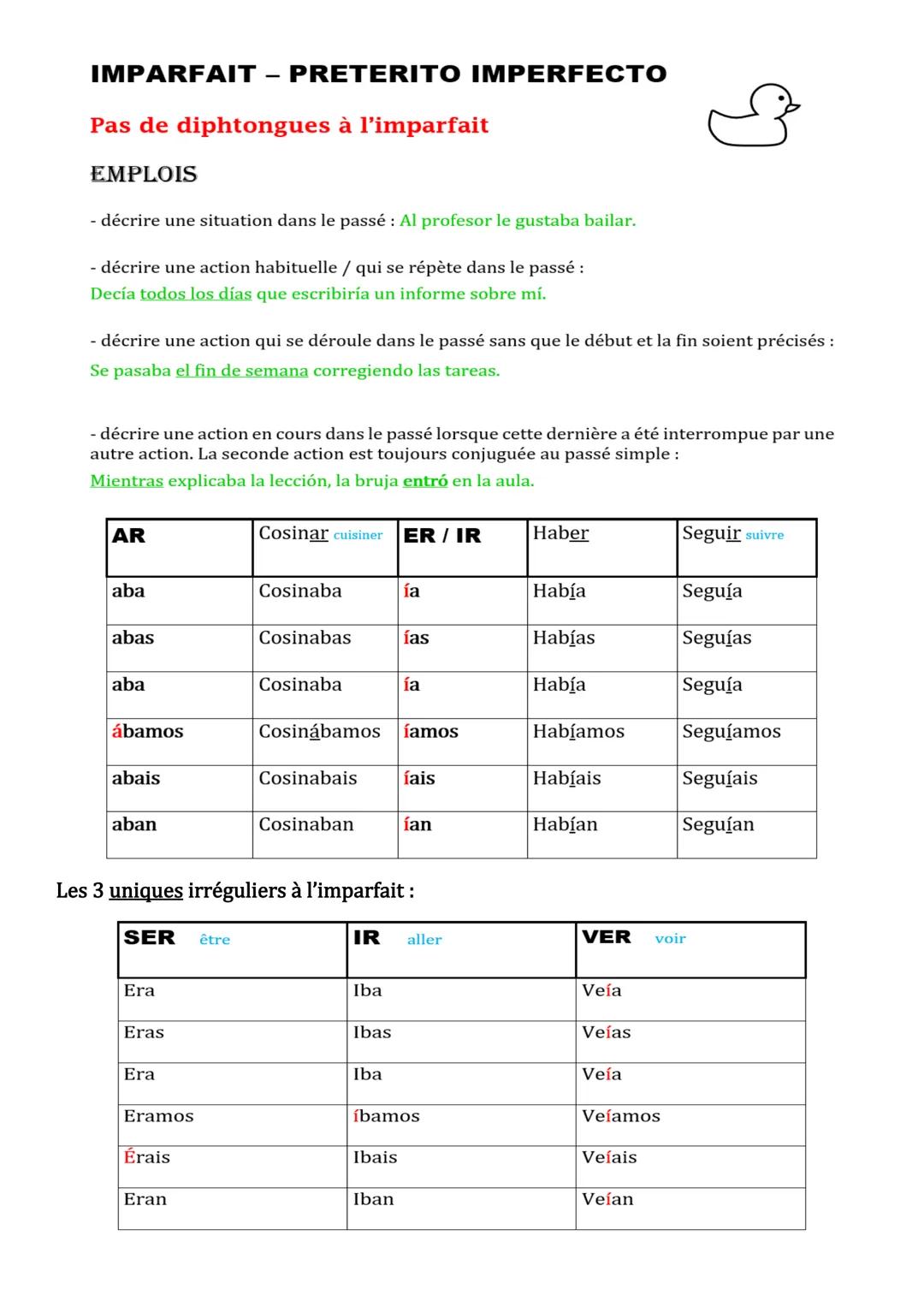 IMPARFAIT - PRETERITO IMPERFECTO
Pas de diphtongues à l'imparfait
EMPLOIS
- décrire une situation dans le passé : Al profesor le gustaba bai