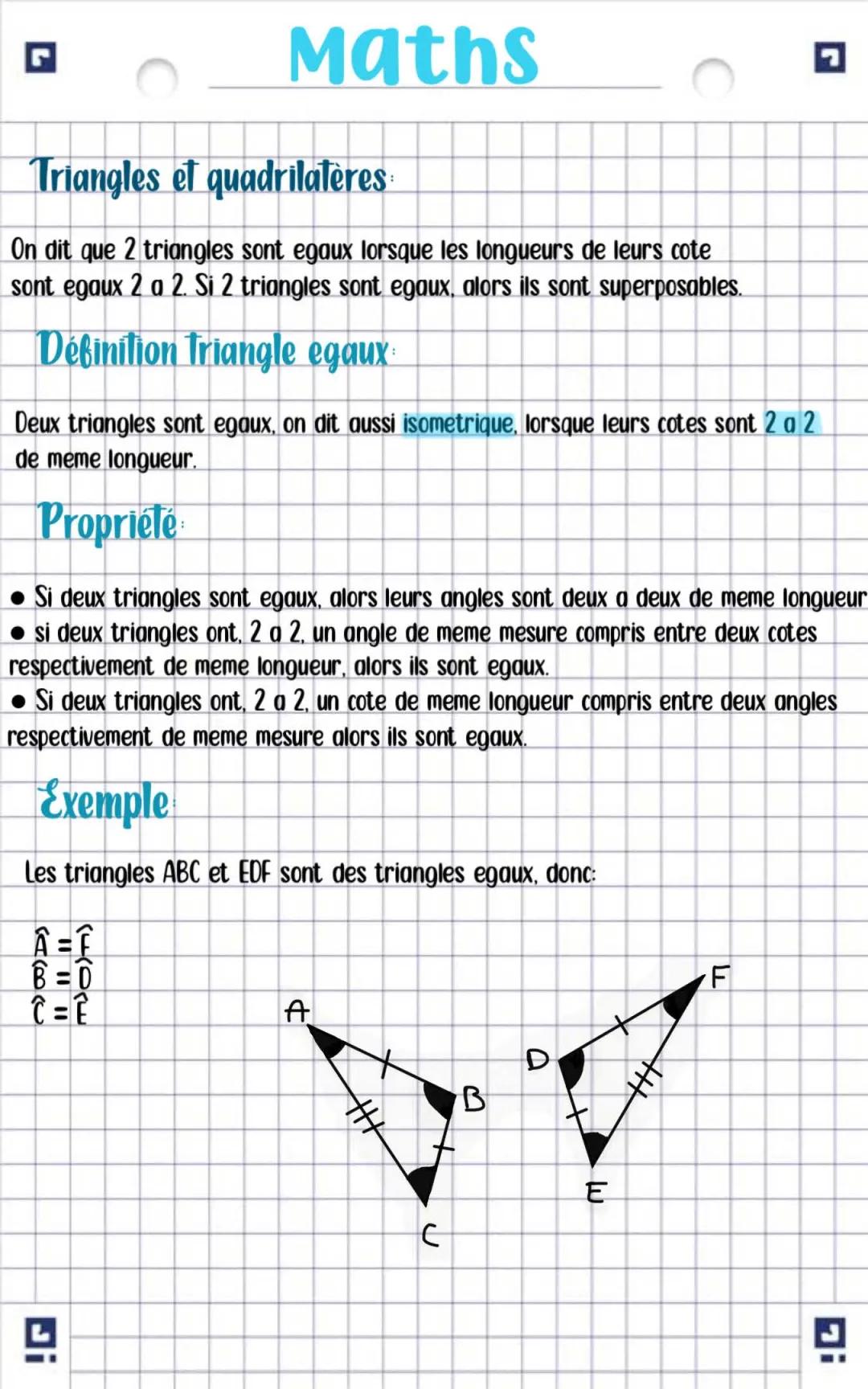 Triangles égaux et quadrilatères 4ème - Exercices corrigés PDF