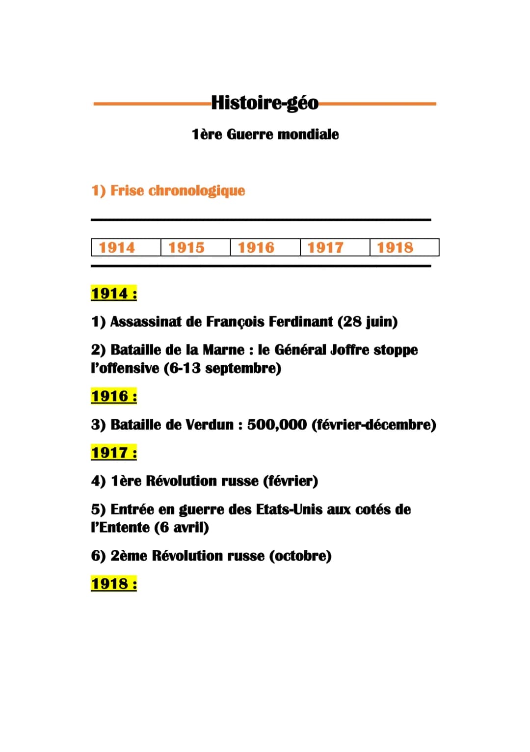 1) Frise chronologique
1914
Histoire-géo
1ère Guerre mondiale
1914:
1915
1916
1917
1918
1) Assassinat de François Ferdinant (28 juin)
2) Bat