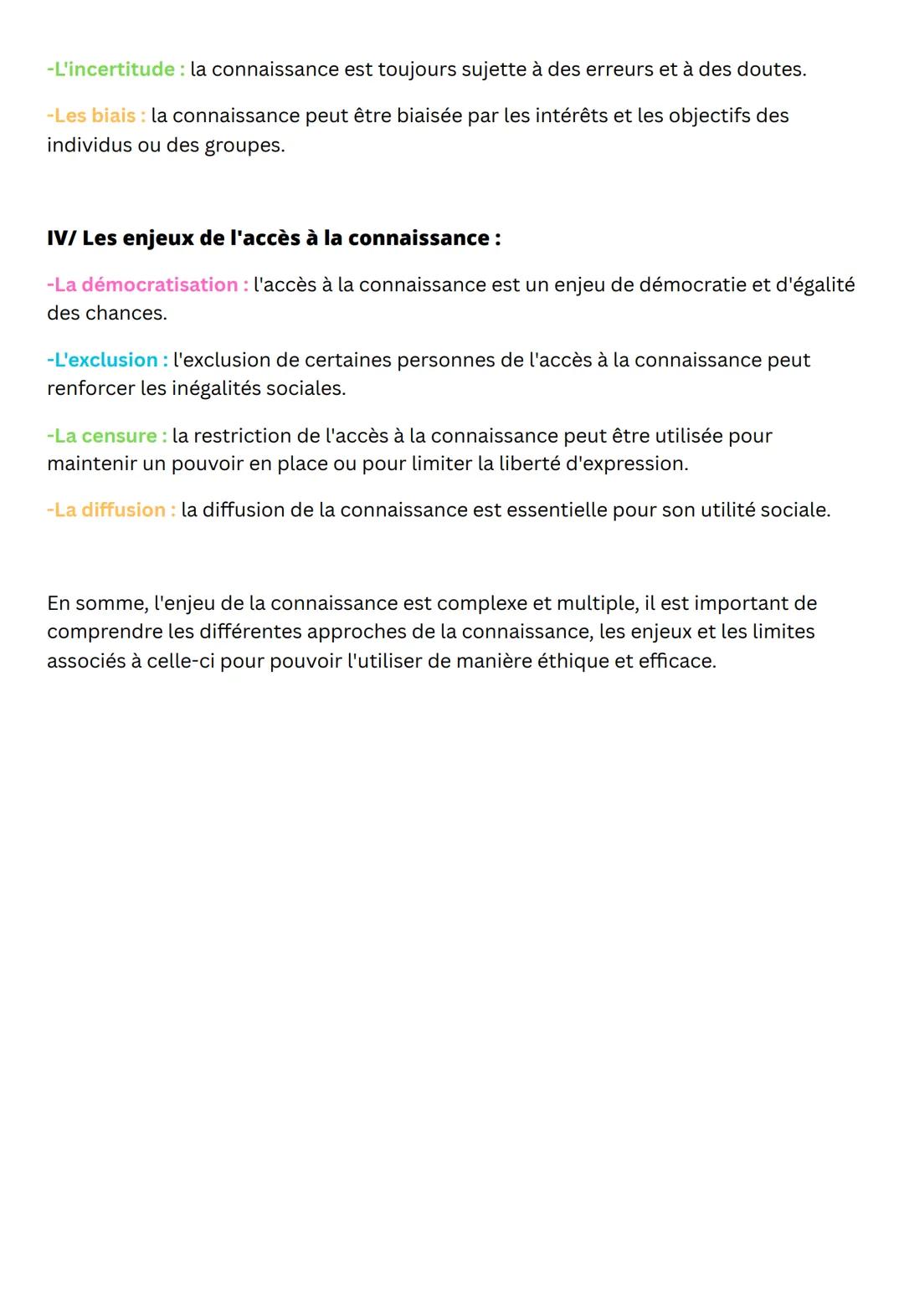 L'enjeu de la connaissance - HGGSP
I/ Les différentes approches de la connaissance :
-La connaissance empirique : c'est connaissance acquise