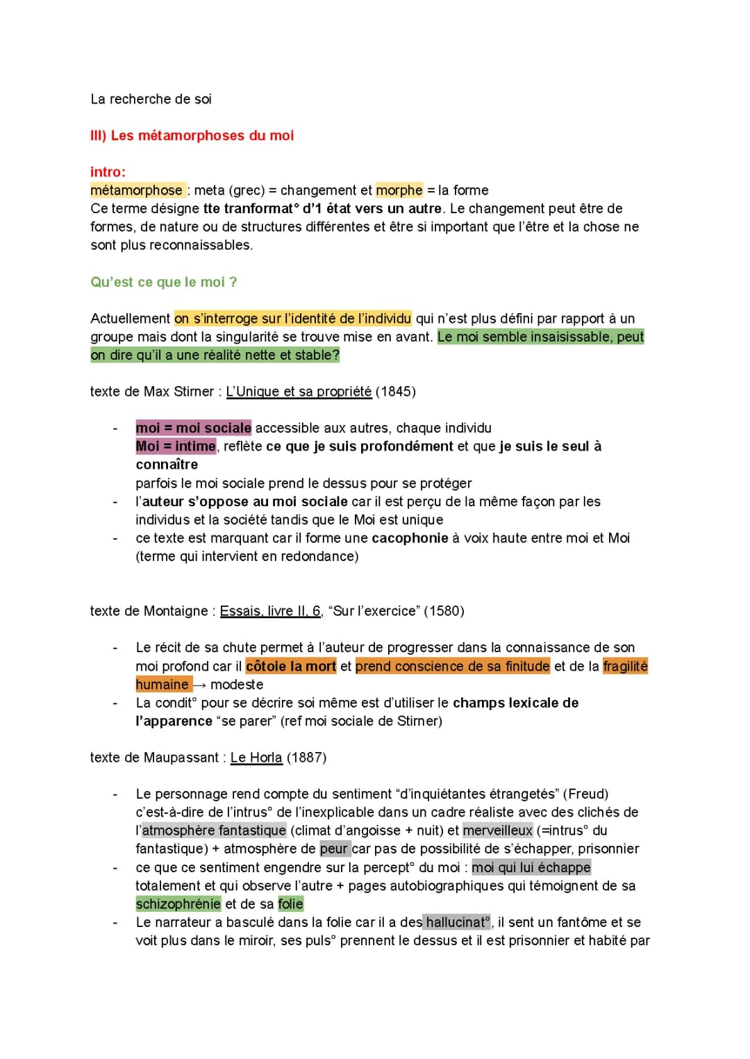 Fiche HLP Métamorphose du Moi - Exemple et Sujet Corrigé