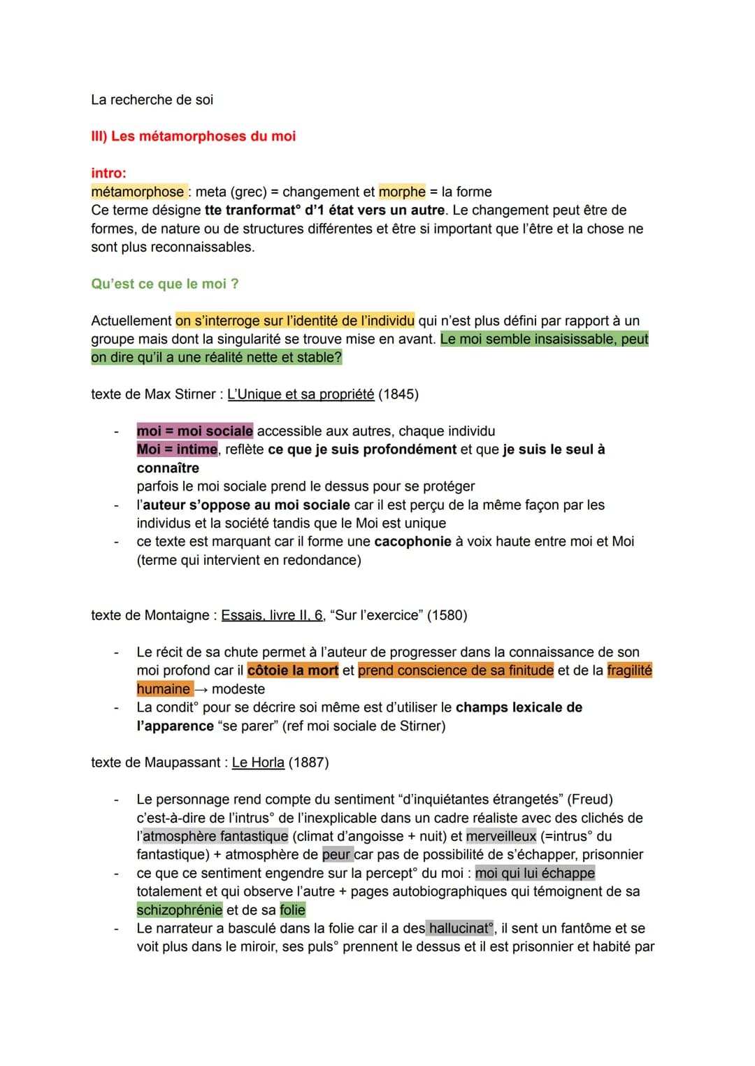 La recherche de soi
III) Les métamorphoses du moi
intro:
métamorphose: meta (grec) = changement et morphe = la forme
Ce terme désigne tte tr