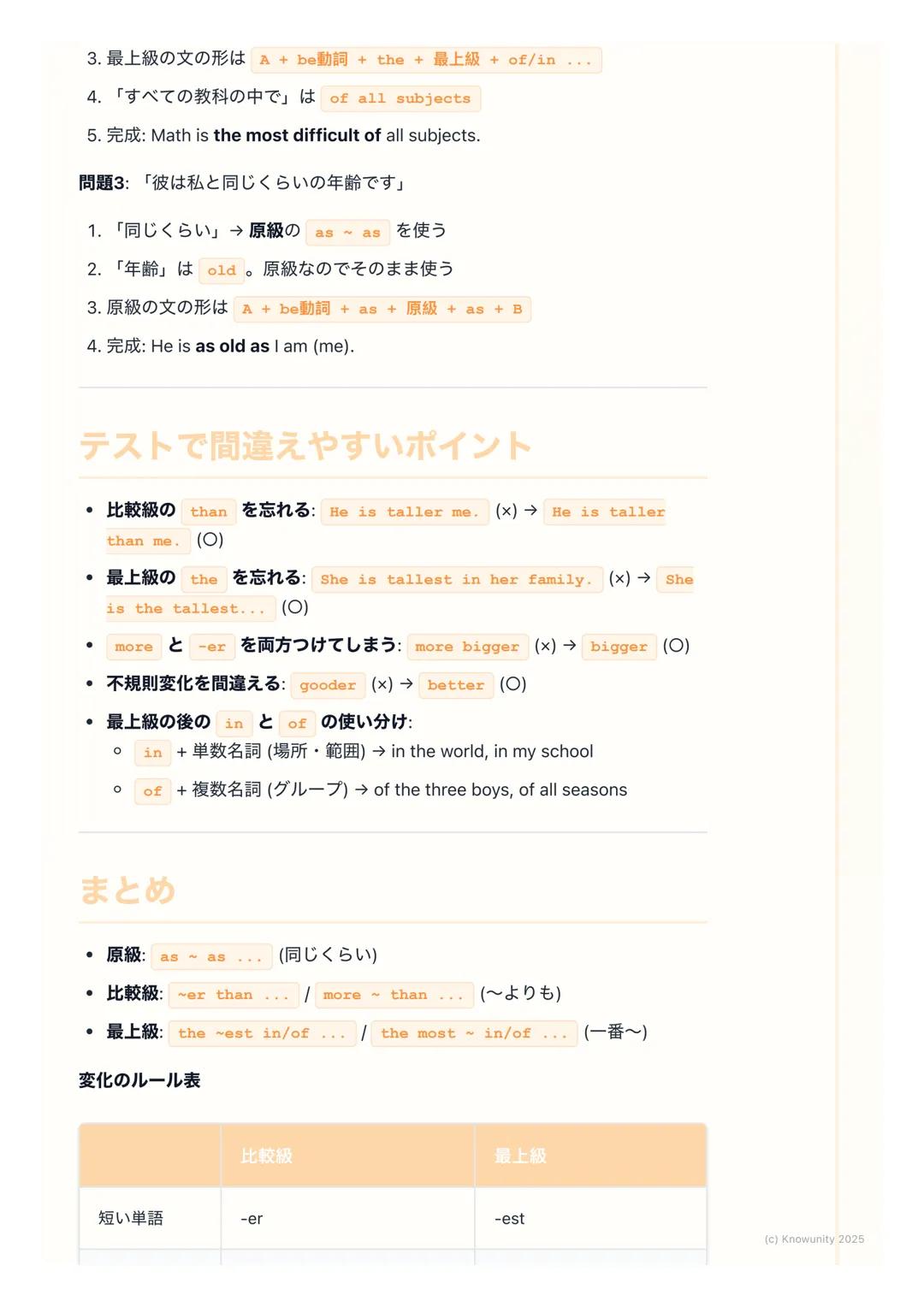 # 原級・比較級・最上級

比較表現の基本

2つ以上のものを比べて、「AはBと同じくらい〜だ」とか「AはBよりも〜だ」
「Aが一番〜だ」と言うときの表現方法。形容詞や副詞の形を変えるのがポイン
ト。テストでよく出るから、しっかりルールを覚える必要がある。

# 原級・比較級・最