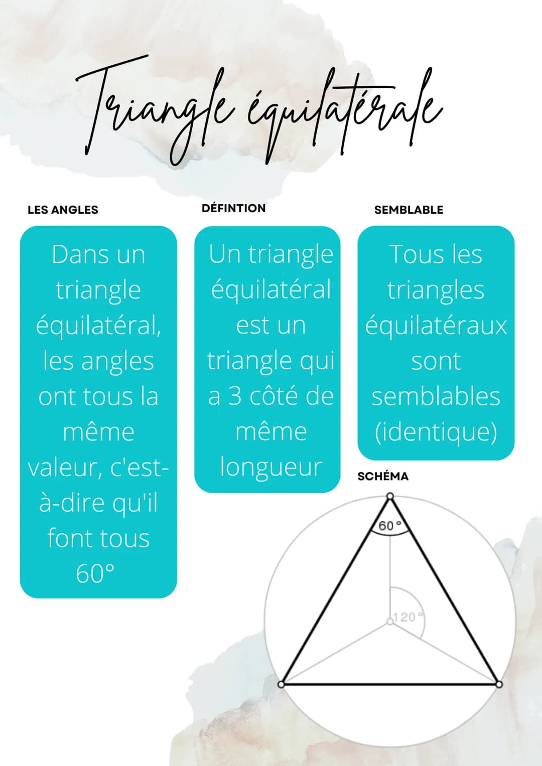 Triangle équilaterale
LES ANGLES
Dans un
triangle
équilatéral,
les angles
ont tous la
même
valeur, c'est-
à-dire qu'il
font tous
60°
DÉFINTI