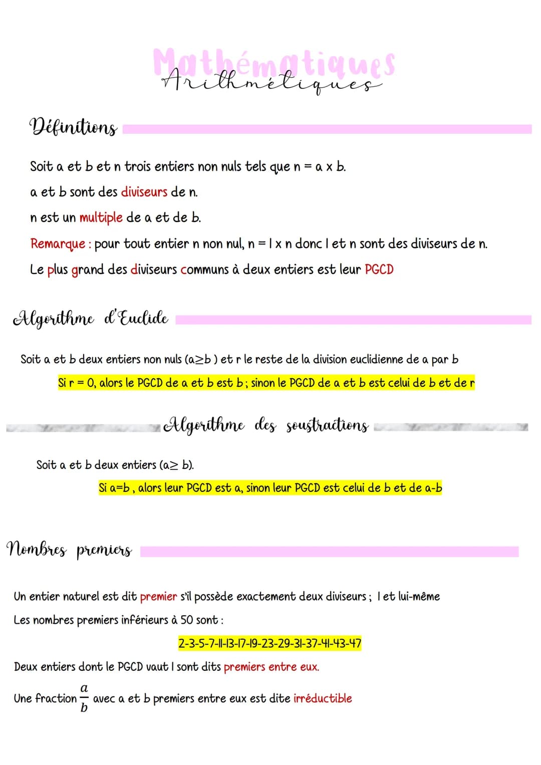 Mathématiques
Arithmétiques
Définitions
Soit a et b et n trois entiers non nuls tels que n = axb.
a et b sont des diviseurs de n.
In est un 