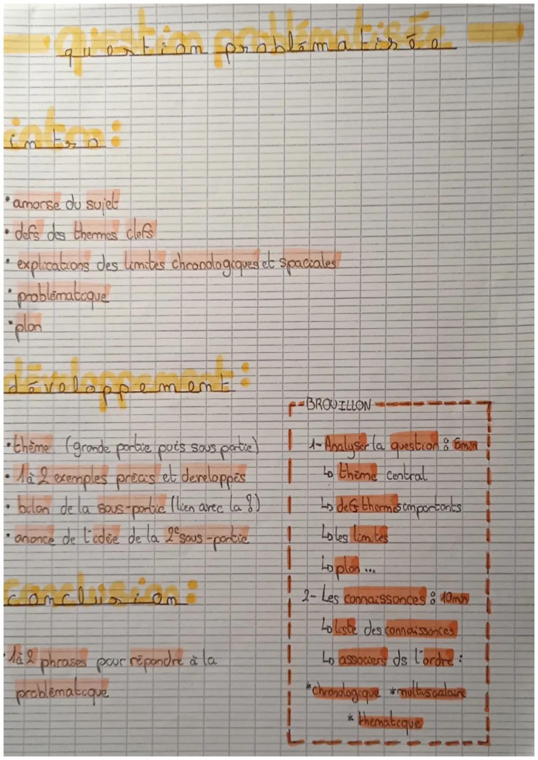 questiom problema is
• amorse du sujet
• defs des thermes clefs
• explications des limites chronologiques et spaciales
• problématique
plan

