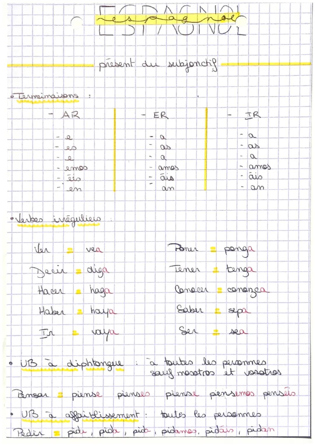 # ESPAGNOL

Termeimaisons

present du subjonctif

- AR
- ER
- IR
- e
- a
- a
- es
- as
- as
- e
- a
- a
- emos
- amos
- amos
- éis
- áis
- á